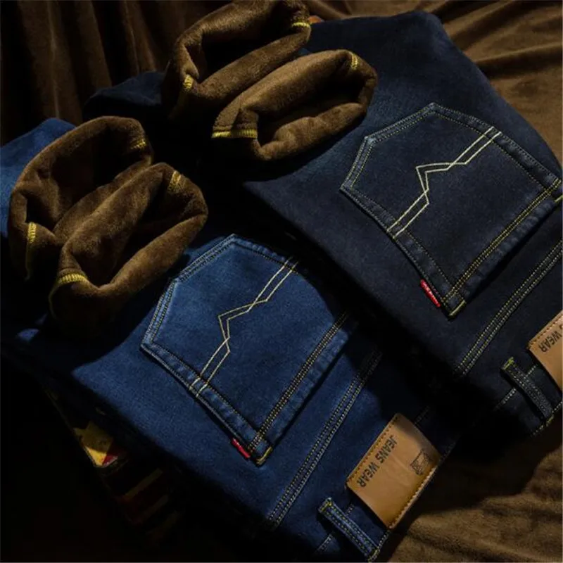 2019 Newly blue Color Smart Casual Winter Jeans For Men Fashion Simple Velvet Warm Jeans Men Thick Fleece Pants Plush Trousers