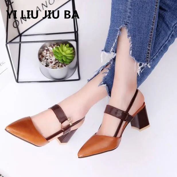

2019 spring new hollow coarse sandals high heels shallow mouth pointed pumps shoes work shoes women Female sexy high heels **038