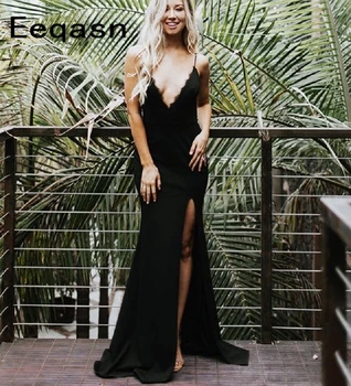 

Sexy Spaghetti Straps Lace V Neck Mermaid Evening Dresses With Split Stretch Satin Long Evening Gown 2020 Formal Occasion Dress
