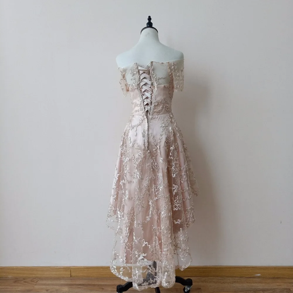 Половина рукава короткие спереди длинные сзади Выпускные Платья цвет шампанского Hi-Lo вечернее платье для выпускного вечера кружевное торжественное платье JQ250