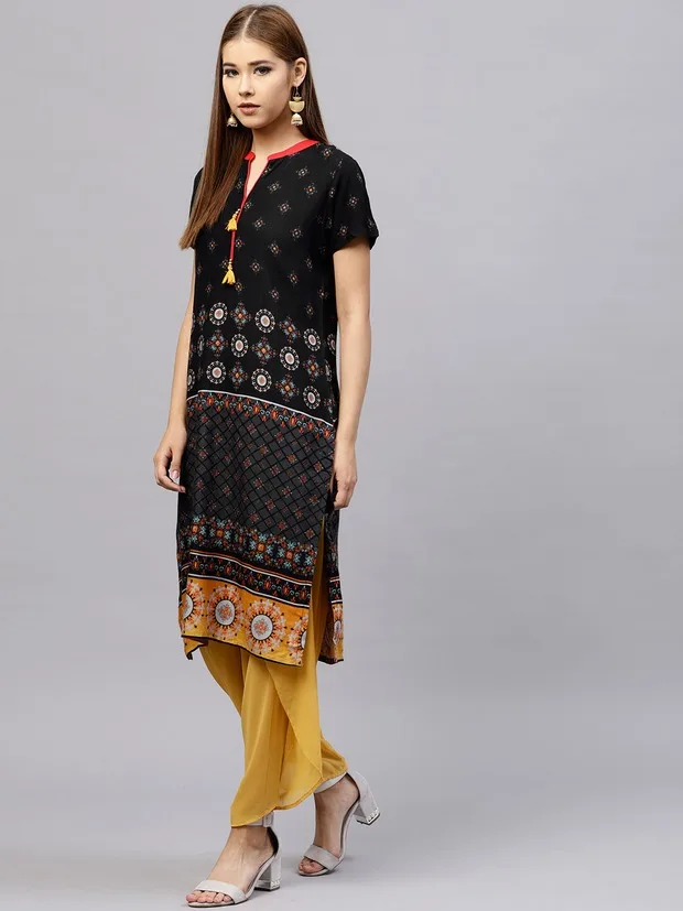 Индийская Женская традиционная этническая печать костюм хлопок короткий рукав Топ Весна Лето Путешествия тонкое платье красивый черный