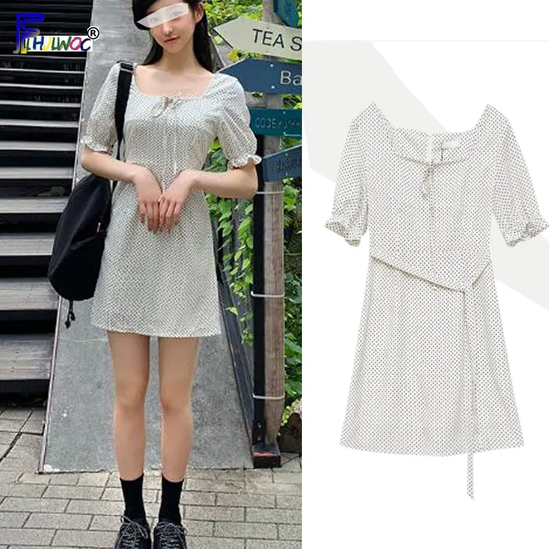 

Summer Mini Dresses Hot Sales Woman Korea Japan Preppy Style Prairie Girls Polka Dot Bow Tie Dress Cute Sweet 7122