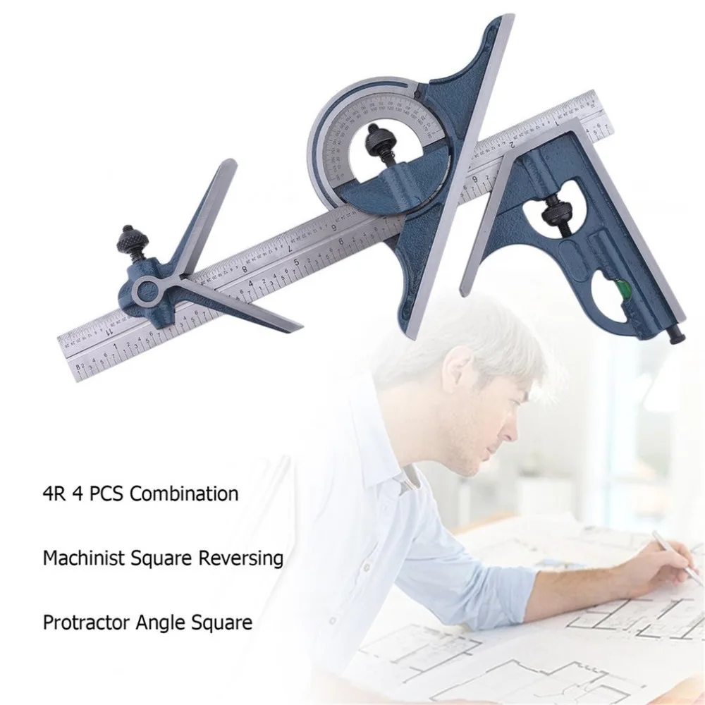 

4R 4 PCS Machinist Square Reversing Protractor Angle Square Marked 1/32" 1/64" 1/8" 1/16" Multifunctional Combination