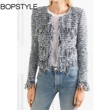 Осень Для женщин контрастной петлей пряжи одежда с длинным рукавом Куртка Кардиган Верхняя одежда Особенности спереди с золотой кнопки и кисточкой детали