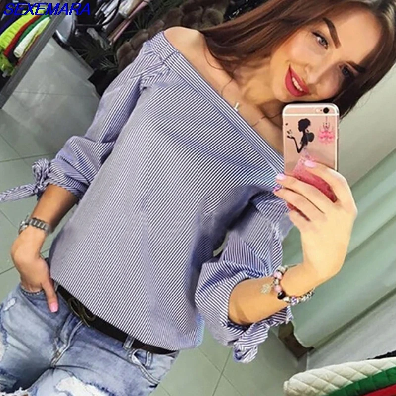 SexeMara Топы И Блузки Полосатый Верхней Части Кофточки Bowknow С Длинным Рукавом Slash Шеи