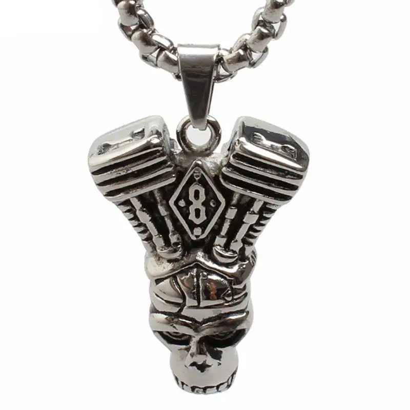 Motor Engine Pendant Skeleton Necklace Stainless Steel Jewelry Punk