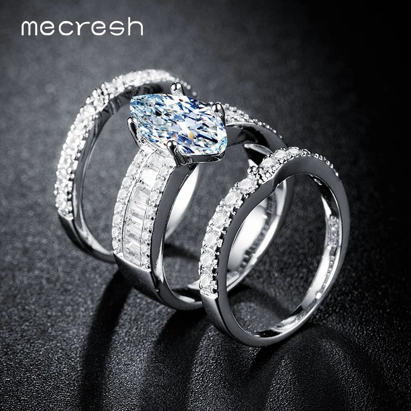 Mecresh, 3 шт./лот, цвет серебристый, золотой, свадебные кольца, набор для женщин, роскошная маркиза AAA+ CZ, женские кольца, обручальное, Пром, ювелирное изделие JZ086