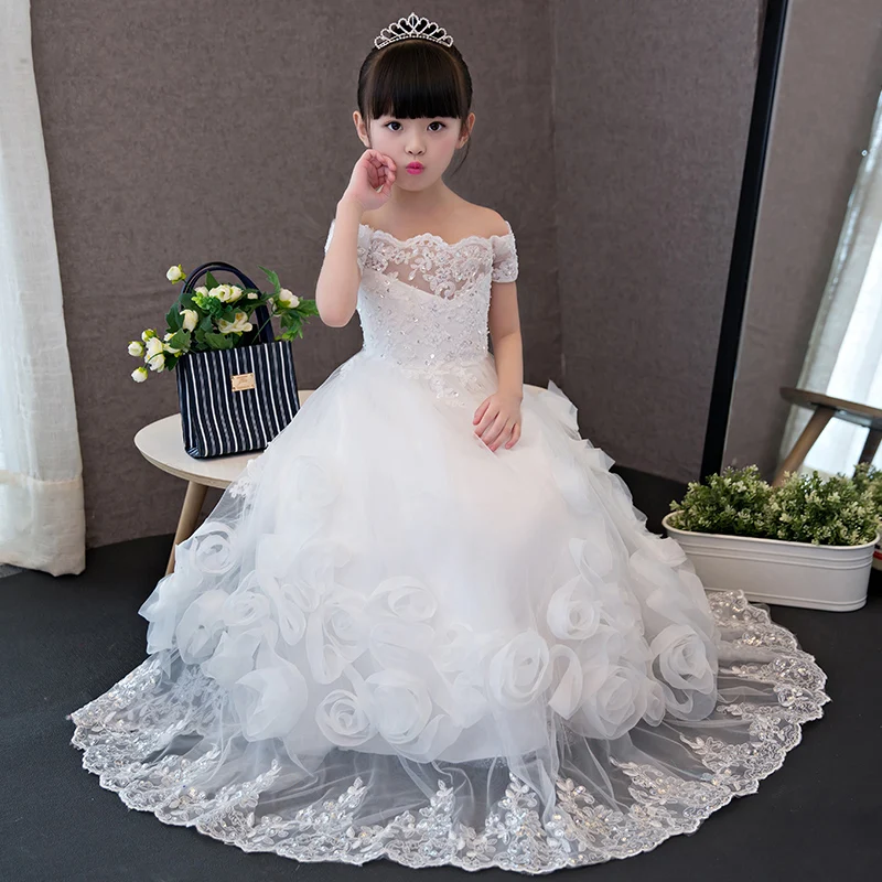 

Shoulderless Appliques Long Flower Girl Dresses Wedding Ball Gown Floral Princess Dress Evening Maxi Kids Girls Dress for Party