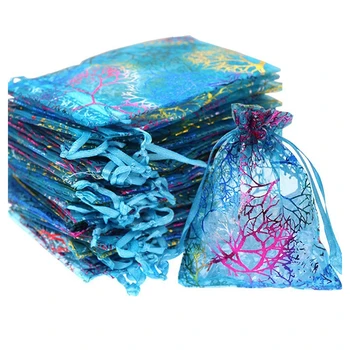 

50Pcs 5x7 Inches Drawstring Organza Bags Jewelry Favor Pouches with Print for Gift,Wedding,Party,Festival (Blue)
