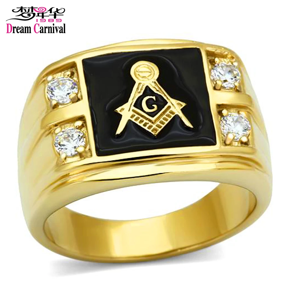 

DreamCarnival 1989 Masonic Ring for Men CZ Crystals Light Gold Color Black Epoxy Parties Jewelry Hombres Anillos Stainless Steel