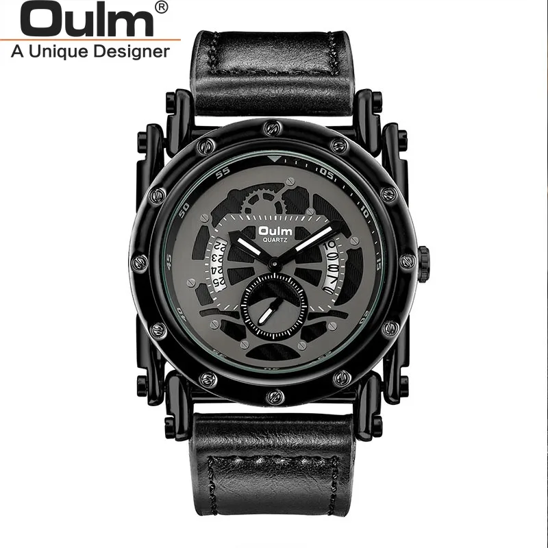 Oulm стиль часы для мужчин повседневное календарь кварцевые часы мужской уникальный дизайн Роскошные мужские кожаные Наручные часы relogio masculino - Цвет: Черный