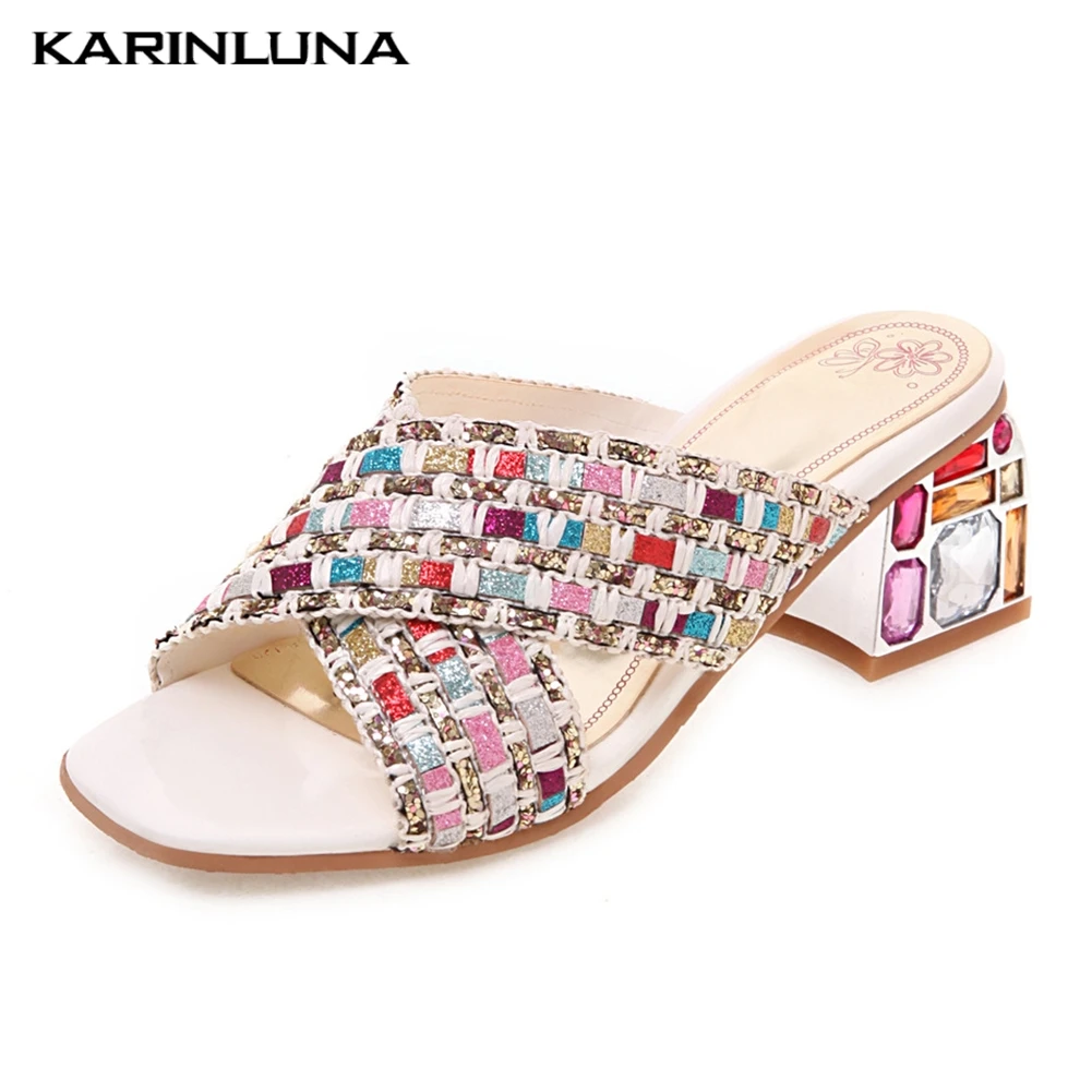 

Ladies Daily Casual Heels Mules Women 2019 Summer Plus Size 33-46 crystals chunky Heels Slippers Women Shoes Woman