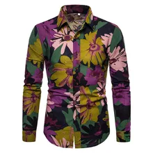 Camisa hawaiana con estampado Floral Vintage Masculina 2019 marca de manga larga, camisas de vestir para hombre, Camisa Social informal ajustada para hombre