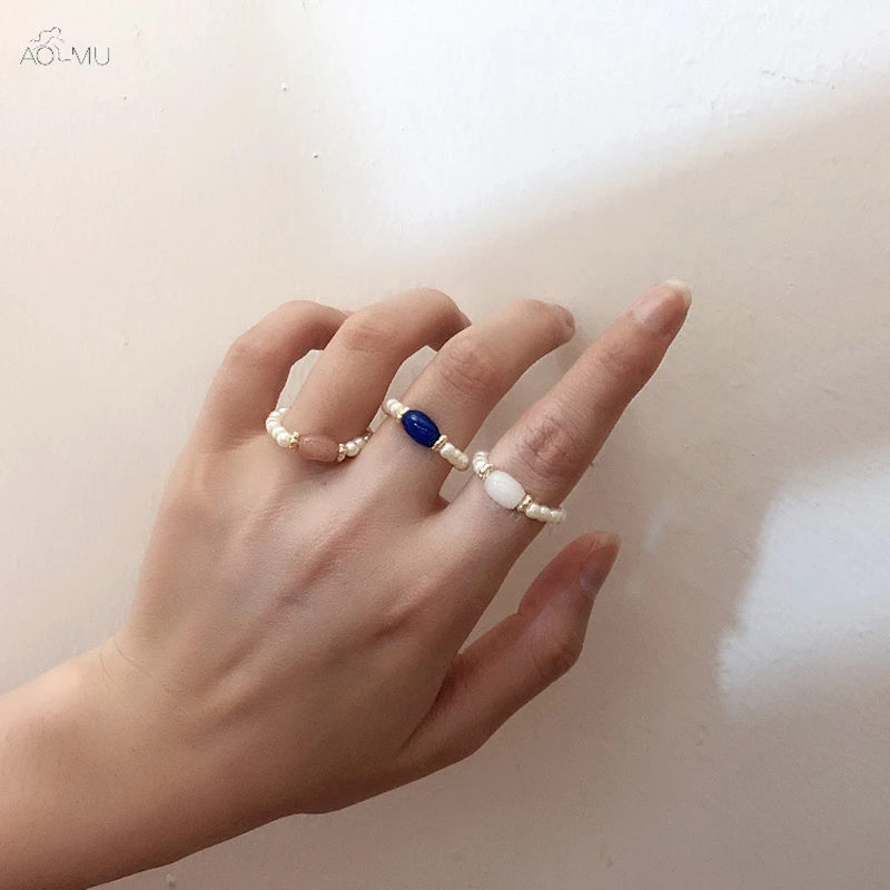 

AOMU Korea Vintage Handmade Weaving Pearl Beading Ring For Women Elastic Ring Cat's Eye Stone Ring Fashion Party Jewelry Set