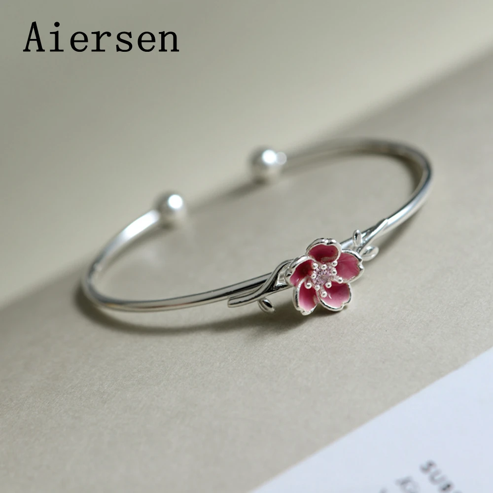 

Aiersen 925 Sterling Silver Bangles for Women Cherry Blossoms Silver 925 Jewelry Handmade Opening Bracelet Luxury Jewelry Gift