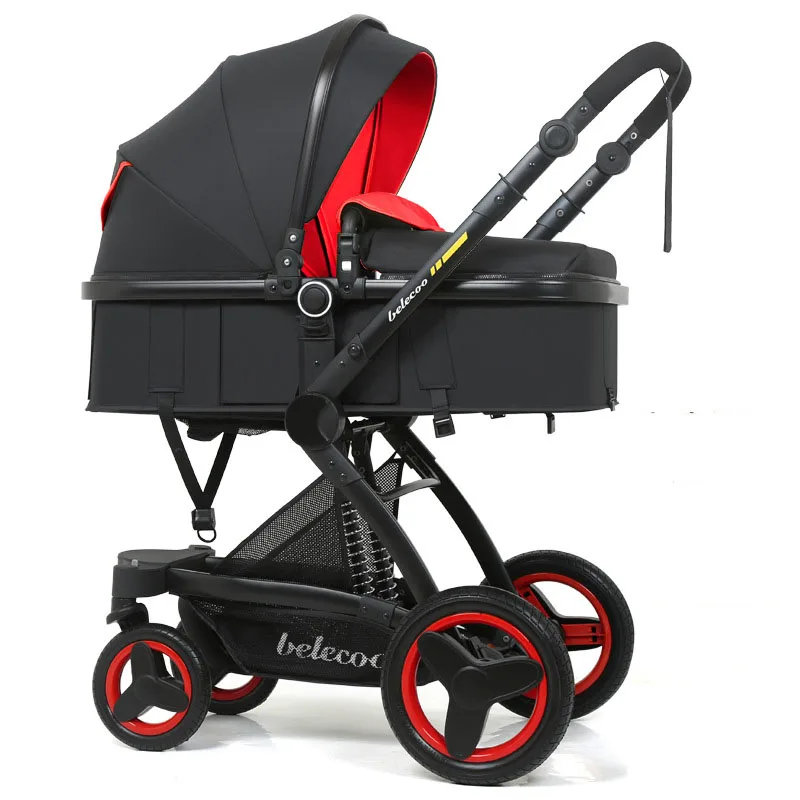 Горячая мама детская коляска 3в1 с автомобильным сиденьем алюминиевая искусственная кожа с примесями высокий пейзаж складной шок для новорожденных двухсторонняя детская тележка - Цвет: Черный