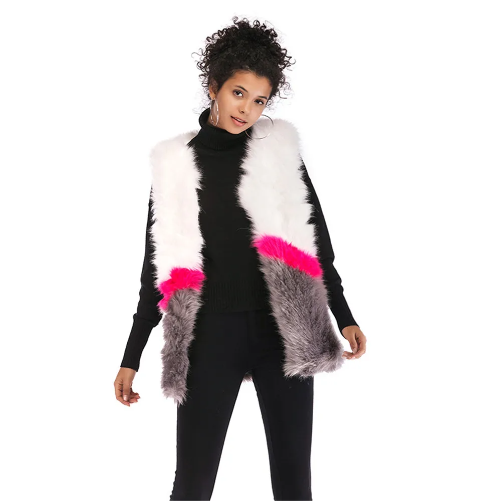 Multicolor Color Block Faux Fur Coat Casual Patchwork Long Sleeve Outerwear Women Winter Modern Lady Coats