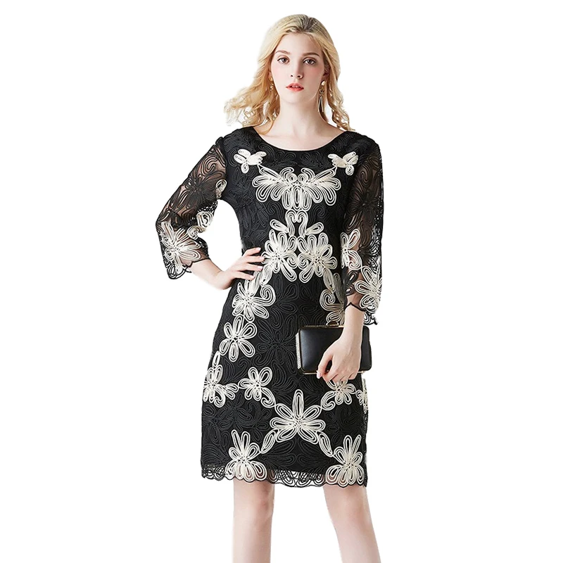 

Autumn Retro Women Organza Seven-minute Sleeves Flower Embroidered Tulle Dress Vestidos