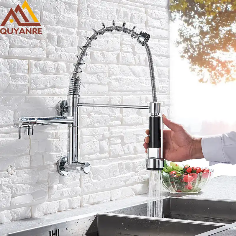 Wall Mounted Spring Kitchen Faucet Pull Down Sprayer Dual Spout