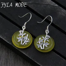 Vintage Natural Stone Jewelry Simple Beautiful 17mm Round Yellow Jades Beaded Bamboo S925 Silver Pendant Drop Earrings for Women