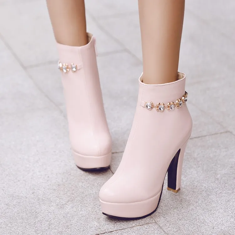 

Big Size 11 12 13 14 Euro-American style round head waterproof platform with thick heel and front zipper metal decorative boots