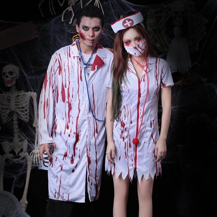 

Halloween New Arrival Men's Horrible Masquerade Bloody Doctor Cosplay Zombie Blood Nurse Dress Trick Costume Clothing for Event