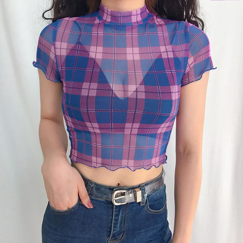 

Summer New Women Sexy Plaid Lace Transparent Mesh Short T-shirts Purple Fashion Casual All-match Ladies' Turtleneck Crop Tops F4