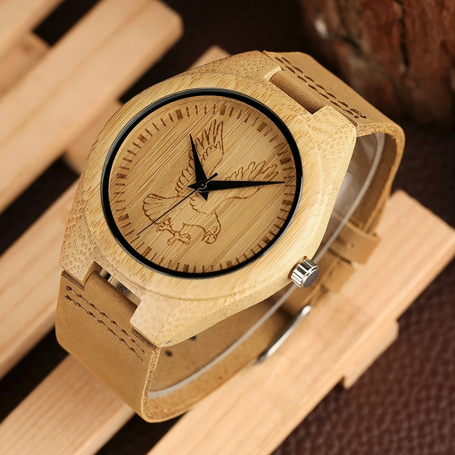 Top Gifts Hand Engraving Eagle Horse Wood Watch Trendy Bamboo Soft Genuine Leather Wooden Quartz Clock Men's Wrist Watch Ulzzang