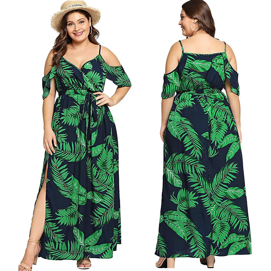

Women Dress Plus Size Green Print V-neck Casual Bohemian Strapless Strap Waist Split Long Summer New Arrival