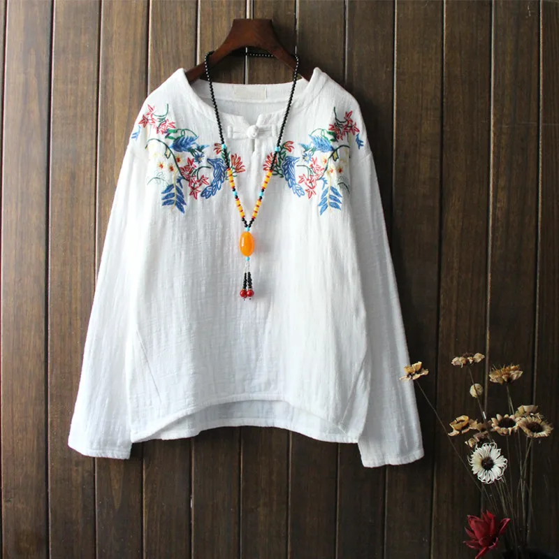

Ethnic Loose Autumn Blusas Tops Femme Vintage Embroidery Floral Shirts Blouses For Women Long Sleeve White Cotton Linen Clothes