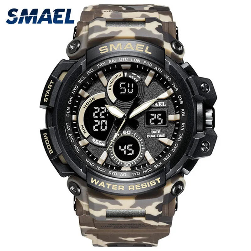 

SMAEL Brand Sports Watches Men Dual Time Camouflage Military Watch Men Army LED Digital Wristwatch 50M Waterproof Men's Clock