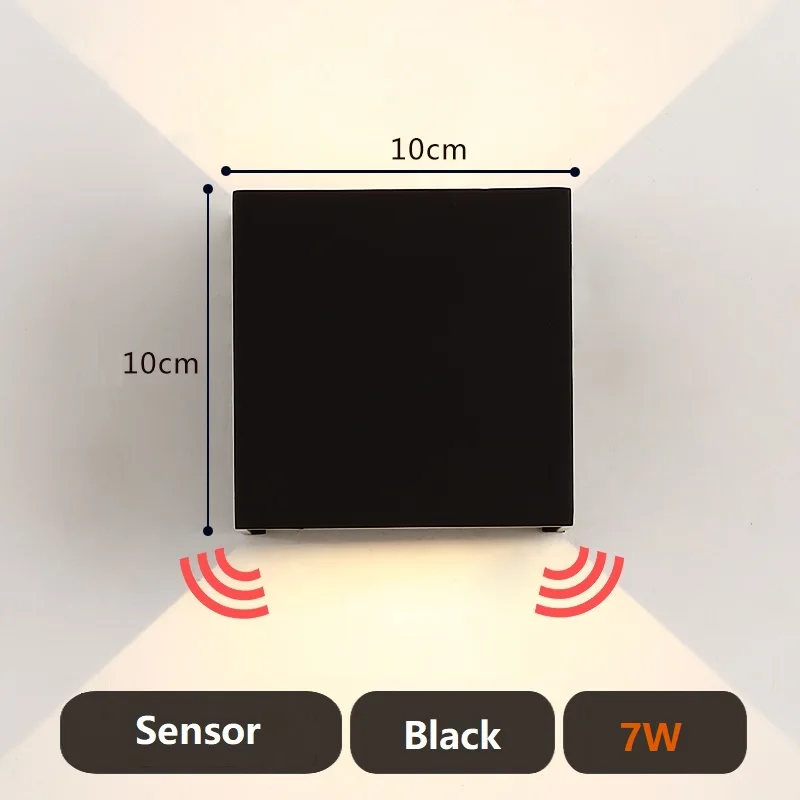 PIR датчик движения Открытый светодиодный настенный светильник квадратный водонепроницаемый IP65 крыльцо сад настенный светильник наружный светильник - Испускаемый цвет: 7W Sensor black