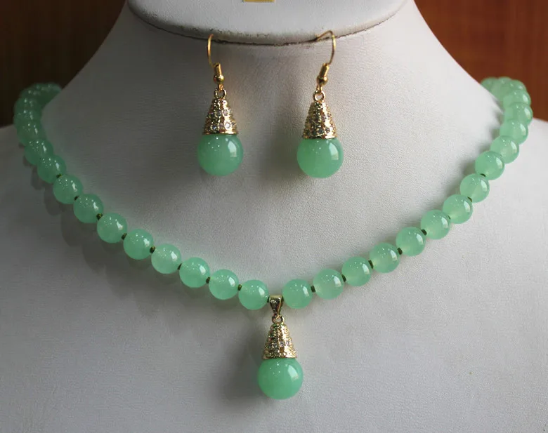 

2 styles lady's 8mm light green jade nice necklace jade/pearl hook earring&pendant necklace jewelry set