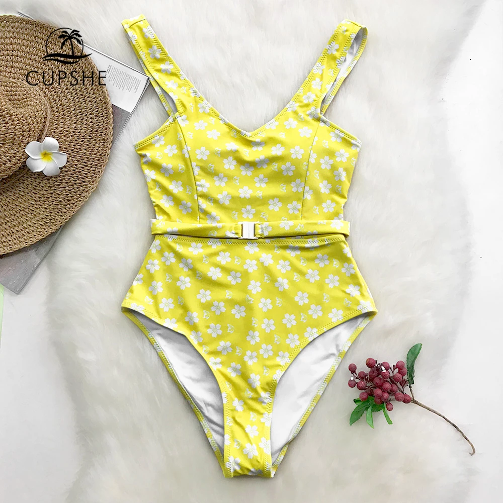 Cupshe Lemon Yellow Floral One-piece Swimsuit Women Belt Backless High ...