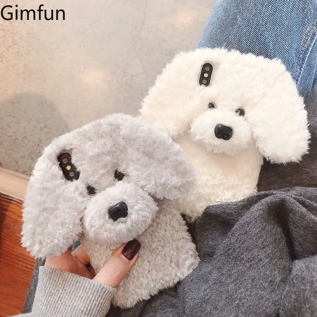 

Gimfun Luxury 3D Cartoon Dog Lug Plush Case for Iphone 11 Pro Max X Xs Xsmax Xr 7 6s 8 Plus Soft Tpu Gray Case Back Cover