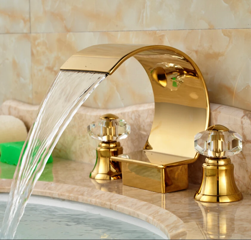 Golden Cristal Handles Waterfall Spout Basin Vessel Sink Mixer Faucet Widespread 3 Hole Bathroom Tub Faucet Taps