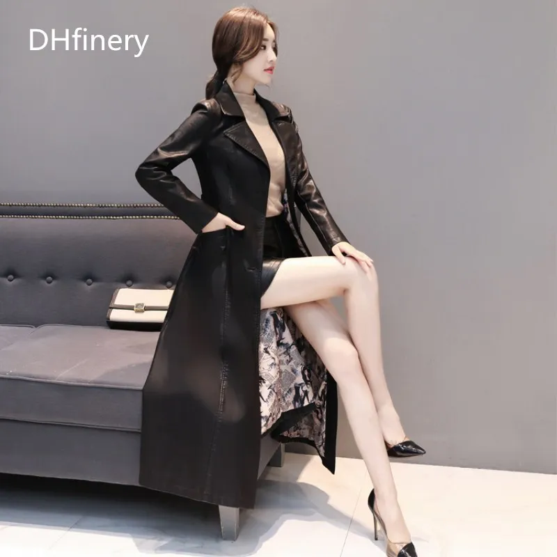 Женская кожаная куртка из искусственной кожи длинный тренчкот хлопка с