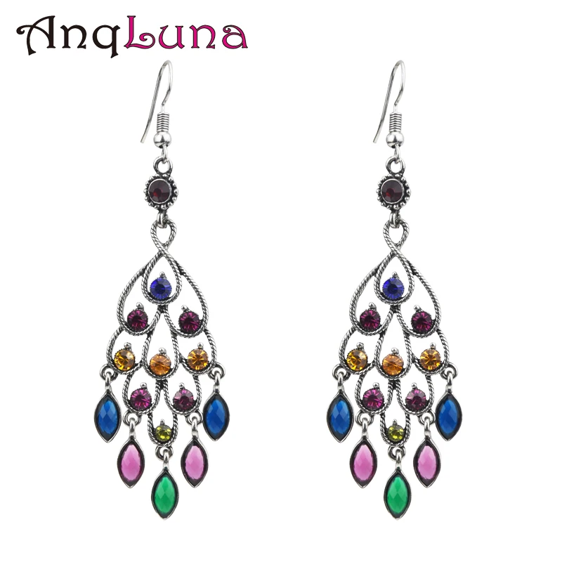 

Bohemian Big Crystal Rhinestone Water Drop Dangle Earrings For Women Alloy Red Green Peacock Feather Earrings Fashion Jewelry