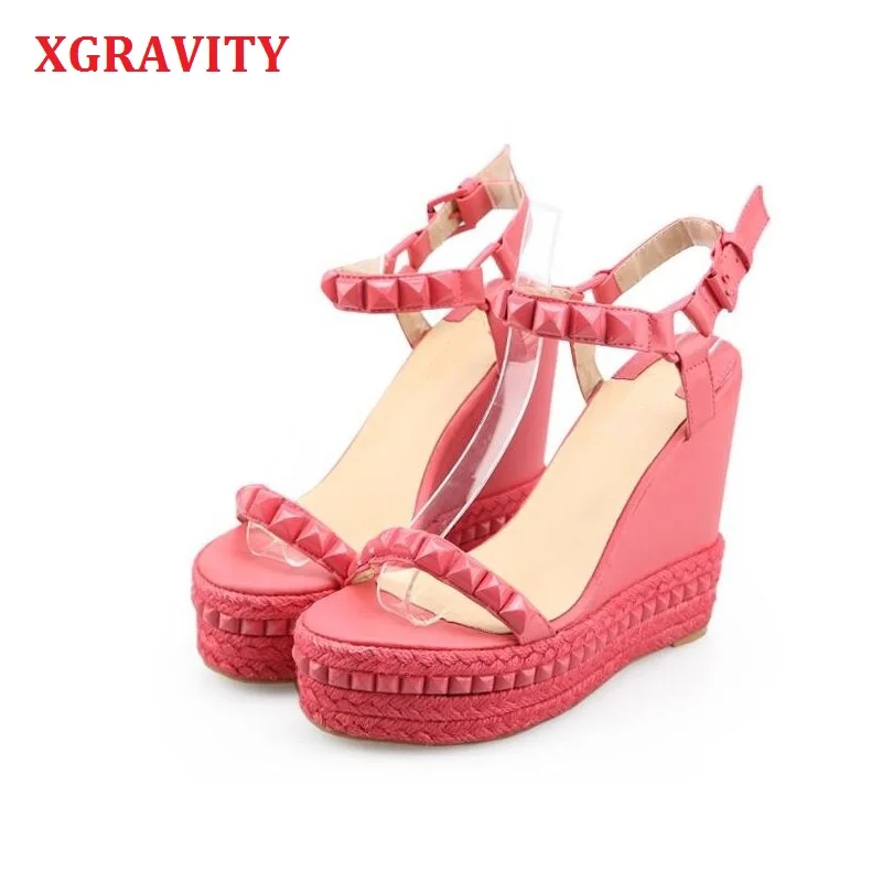 XGRAVITY Rivets Design Footwear High Heel Platform Wedge Sandals Elegant Princess Woman Summer Sexy Ladies Party Shoes A157
