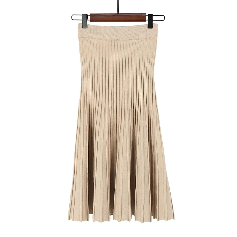 Плюс размер Эластичная элегантная Высокая талия плиссированная трикотажная Женская юбка средней длины шерстяная облегающая сексуальная юбка Женская осенне-зимняя