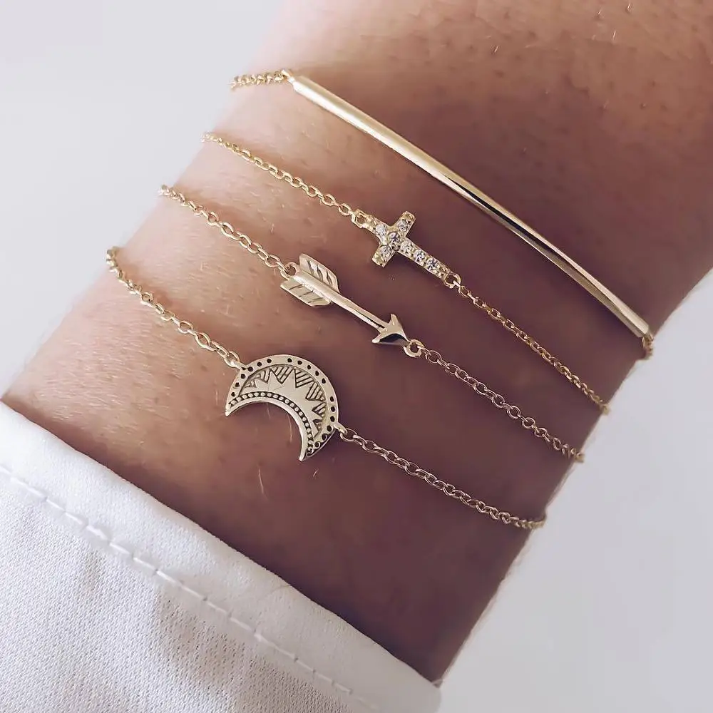 

Female Bracelets Vintage Engraving Moon Cross Arrow Strip Crystal Gold Bracelet Set Lady Wedding Party Jewelry