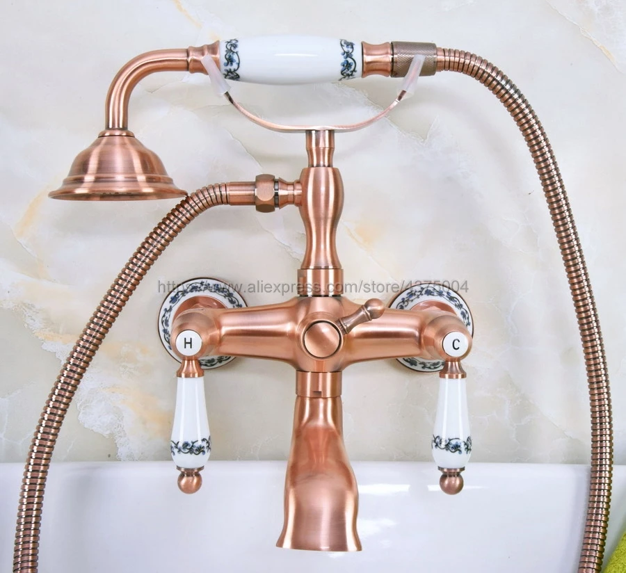 Antique Red Copper Bathroom Clawfoot Bath Tub Faucet Mixer Tap Ceramic Handle Hand Shower Head Nna330