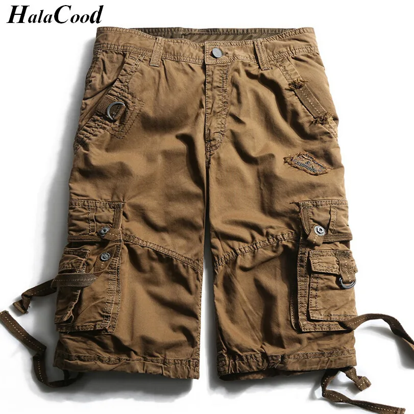 

HALACOOD Fashion Sexy Quality New Summer Calf-Length Cargo Mens Cotton Shorts Multi-pocket Solid Male Puls Size Beach Shorts Fat
