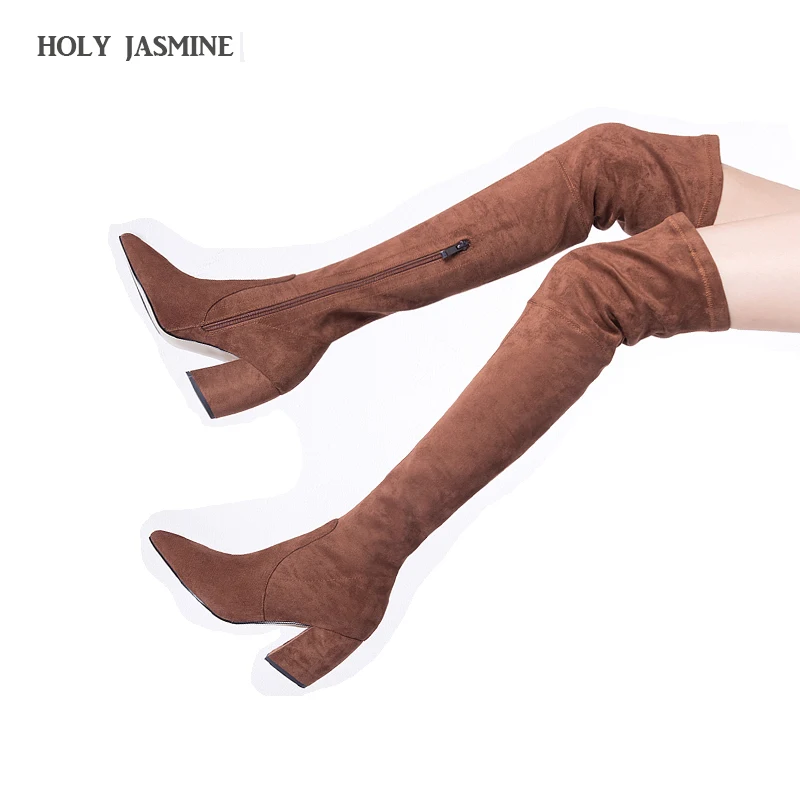 

2018 Stretch Suede Womens Thigh High Boots Stilettos Sexy Over the Knee Boots Pointy Toe High Heel Long Boots brown with Zipper