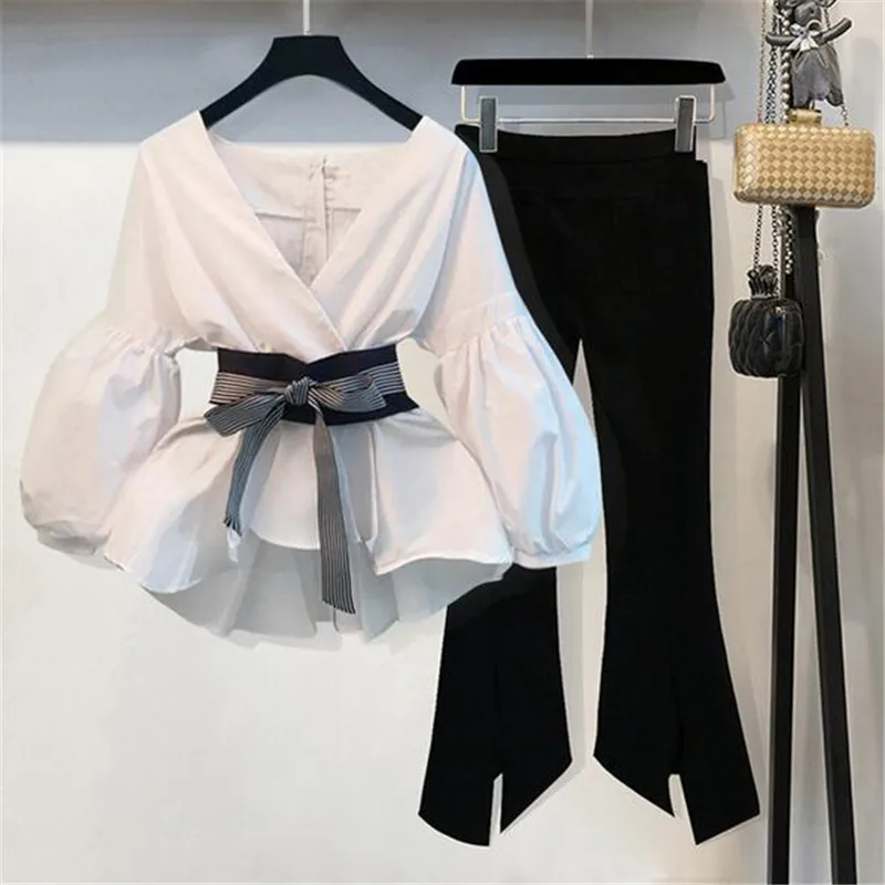 

2019 women sets New Striped Blouse Wide Leg Pants Set with Sashes Fashion Puff Sleeve Blusas + Flare Pants 2 PCs Women Suits #65