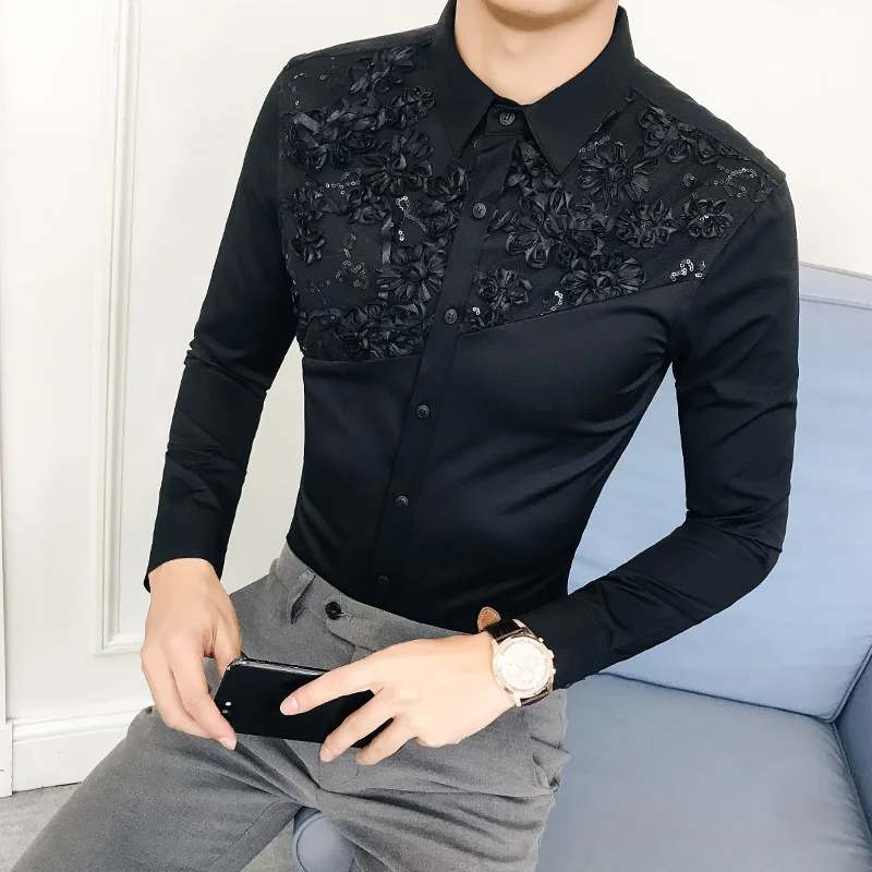 2019 Spring Shirt Men Sexy Lace Patchwork Men Shirt Long Sleeve Brand New Camisa Masculina Slim Fit Streetwear Prom Tuxedo 3XL