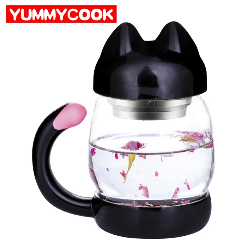 Beste 420 ml Leuke Kat Glas Mok Met Filter Koffie Thee Drinkware Cup Outdoor Reizen Groothandel Koken Keuken Gadgets Accessoires
