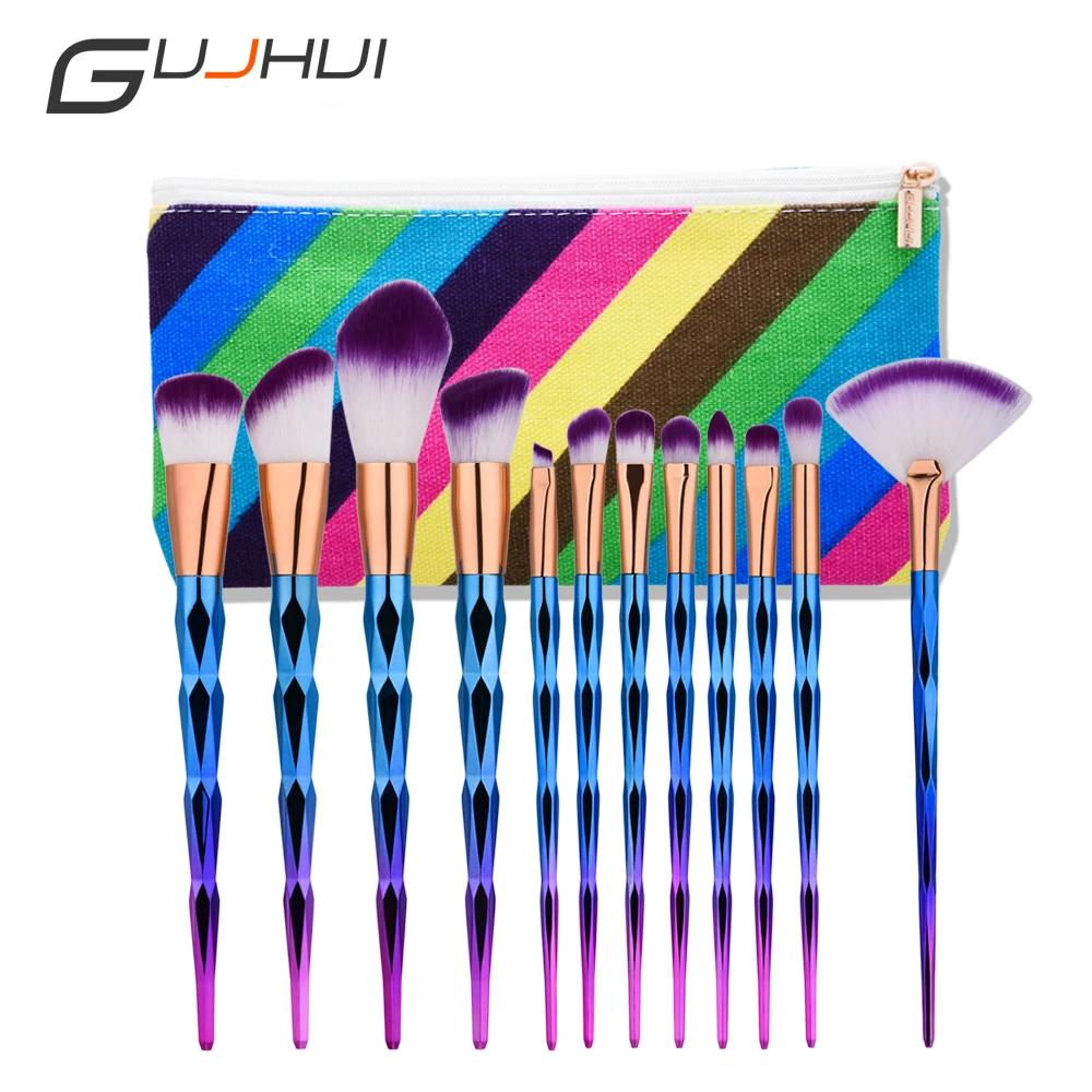 Sapphire Diamond Makeup Brushes 12 pcs Professional Purple Blue bright