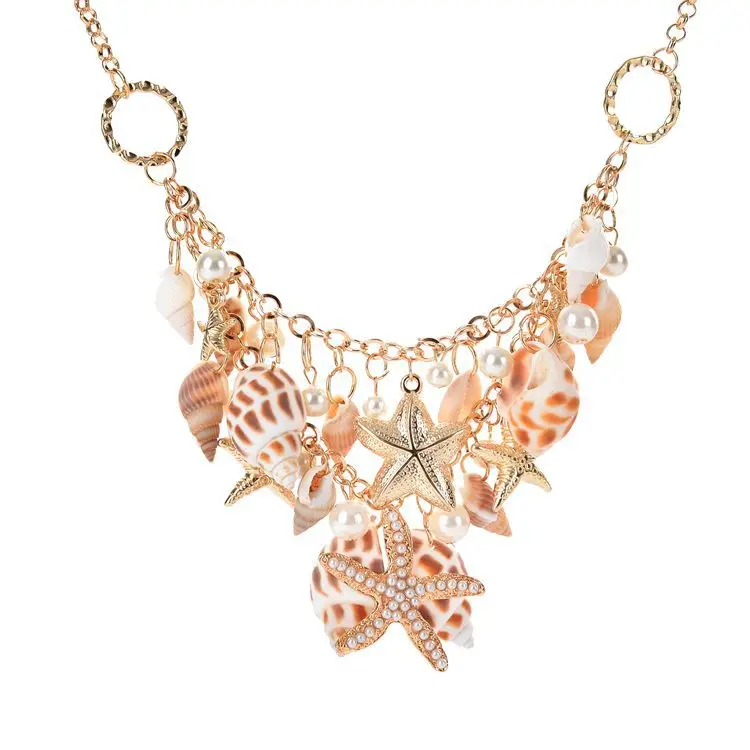 

2016 New Hot Sale Gold Tone Chunky Sea Shell Starfish Faux Pearl Bib Statement Necklaces For women Flower Pearl Mixed Necklace