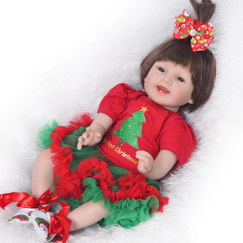 

Smiling 22'' Reborn Babies Dolls Soft Silicone Vinyl Realistic Newborn Dolls Cloth Body 55cm Reborn bebe DIY Toy Wear Red Dress